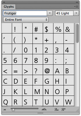 Use the Glyphs panel to insert glyphs and special characters in